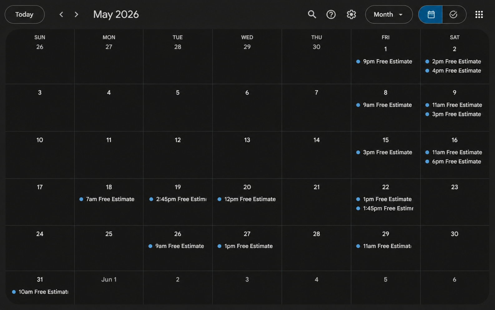 Calendar showing booked estimates using our system