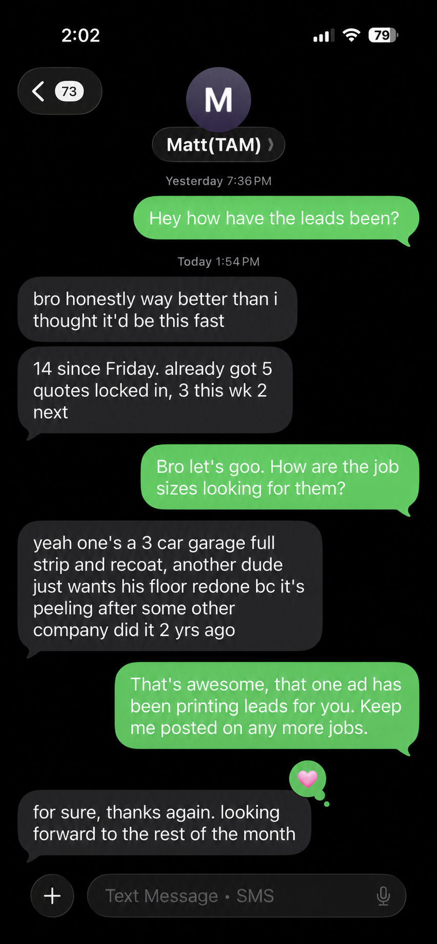 Client text message about leads